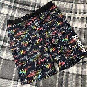 Hurley Shorts Boys 18/29 Black Doodle Island Skulls Surf Board Shorts